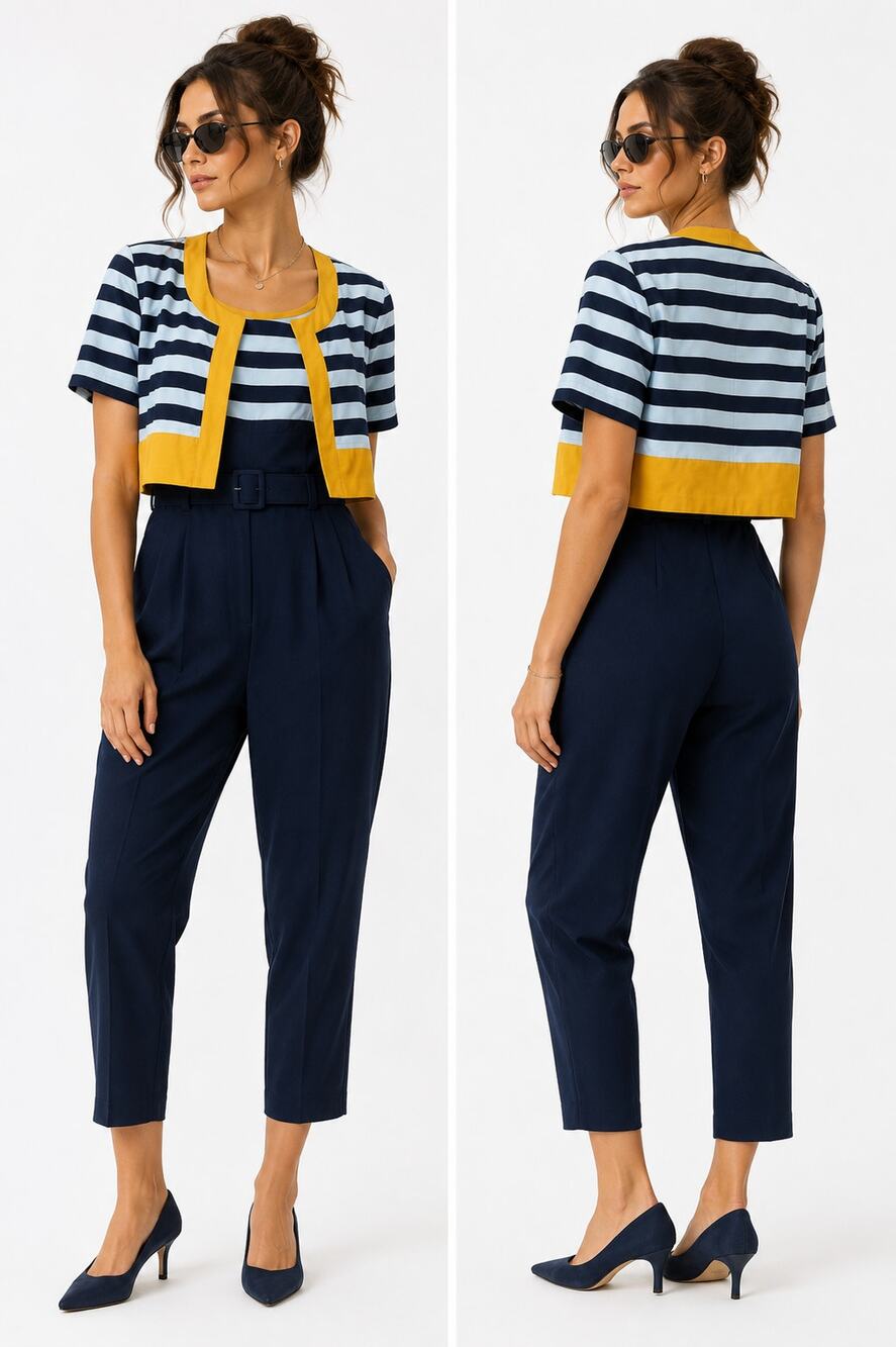 Vtg 80s Nautical Striped Coastal Cropped Jacket Jumpsuit Coord Set Womens Size 6